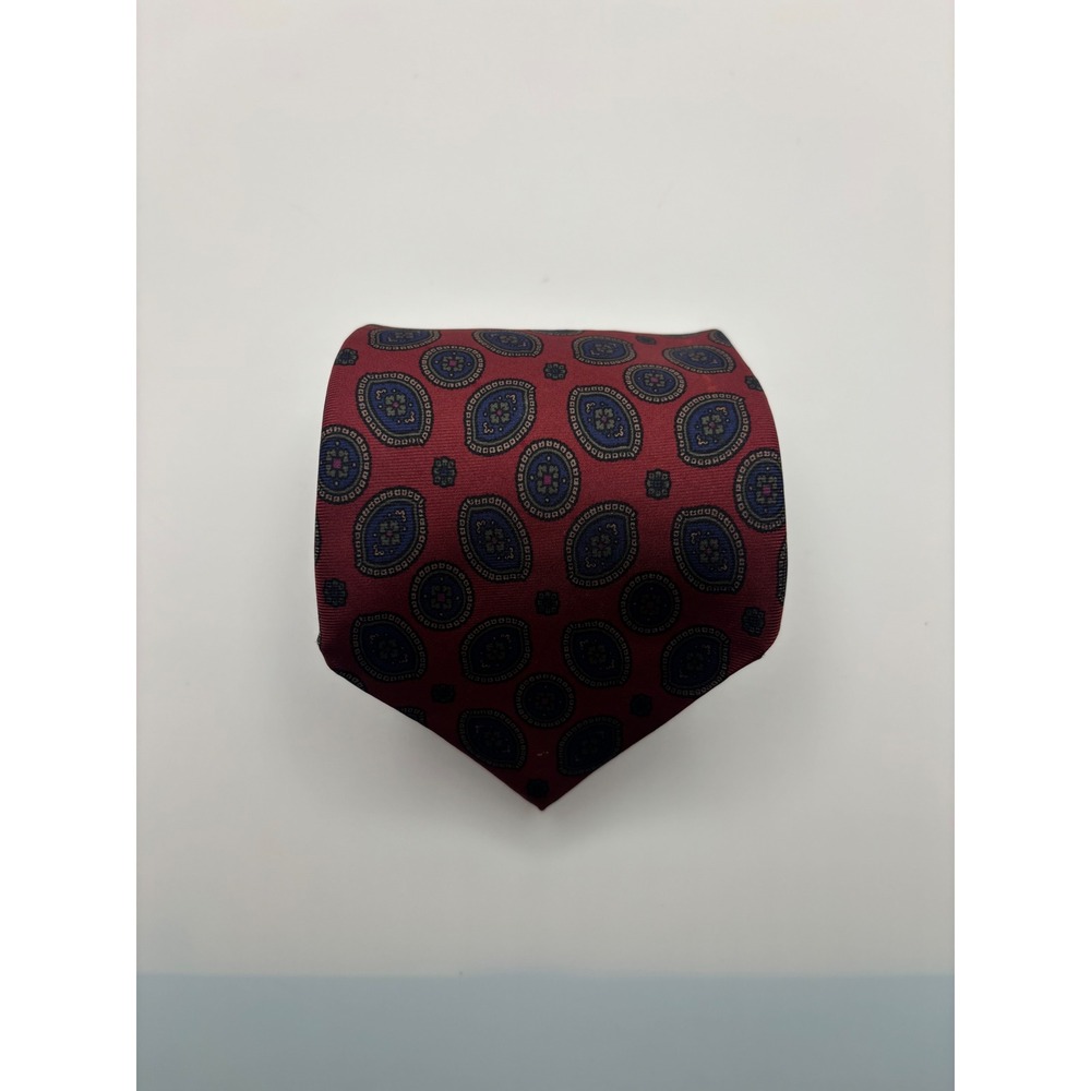 Halston Mens Silk Tie Burgundy Red Navy Geometric Medallion Made in USA WPL 2831